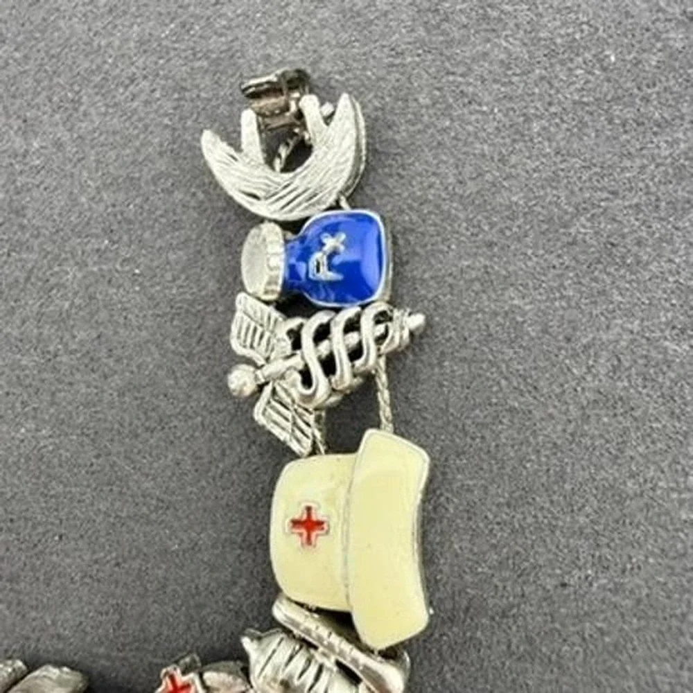 Silver Tone Bracelet Medical Nurse Charms Enamel Caduceus Hospital Novelty Style